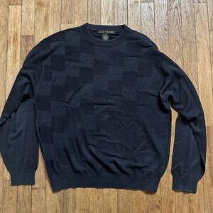 Vtg Alan Stuart Grandpa Sweater L Navy Blue Silk Blend Checkerboard Long Sleeve